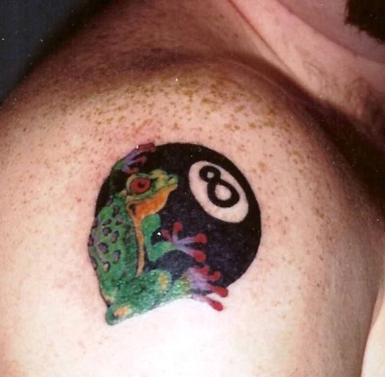 Eight Ball With Frog Tattoo On Shoulder