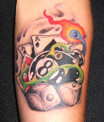 Eight Ball With Playing Cards And Two Dice Tattoo Design