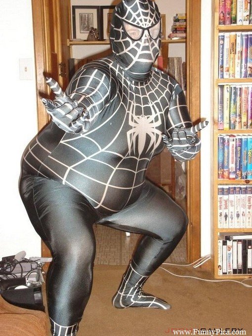 Funny Fat Man In Spiderman Costume