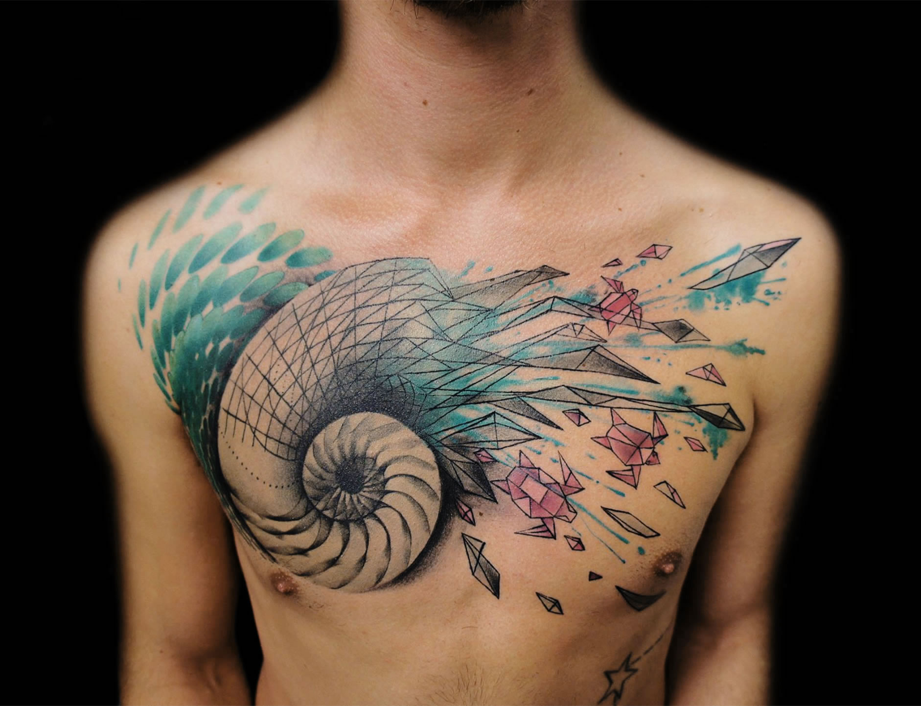 Geomertic Nautilus Shell Tattoo On Man Chest By Jay Freestyle.