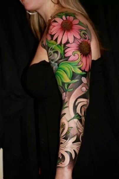 Girl Showing Her Flower Sleeve Tattoo