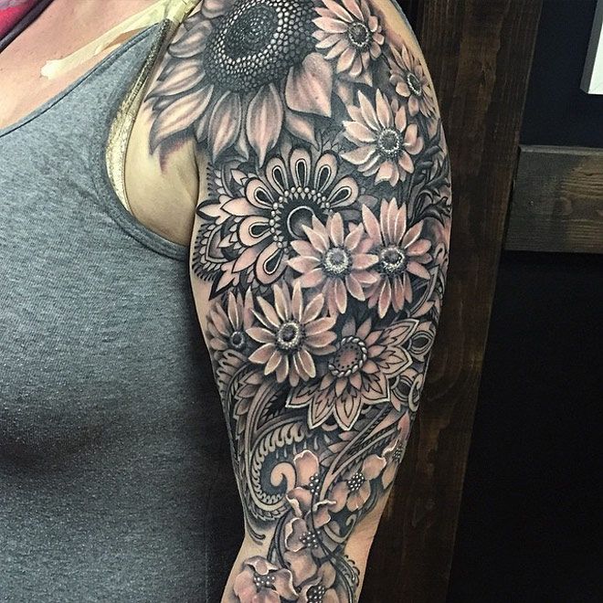 Grey Ink Mandala Flowers Sleeve Tattoo