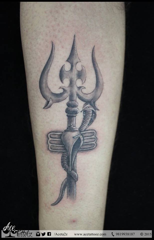 Grey Ink Trishul With Snake And Shell Tattoo On Forearm