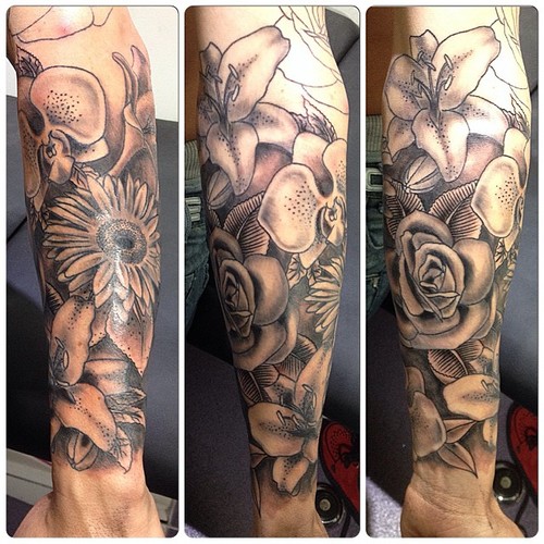 Grey Rose Flowers Sleeve Tattoo Idea