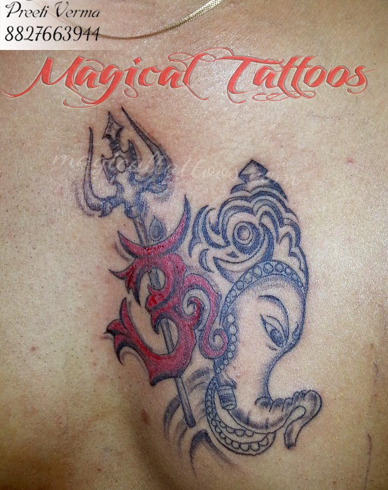 Lord Ganesha With Trishul And Om Tattoo On Man Chest