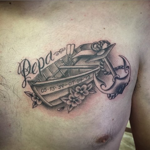 Memorial 3D Boat With Anchor Tattoo On Man Chest