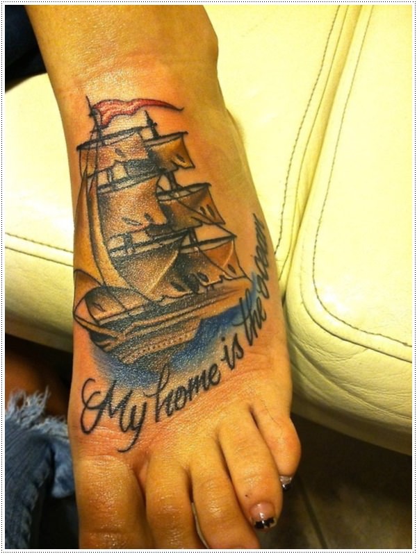 My Home Is The Ocean - Boat Tattoo On Girl Foot