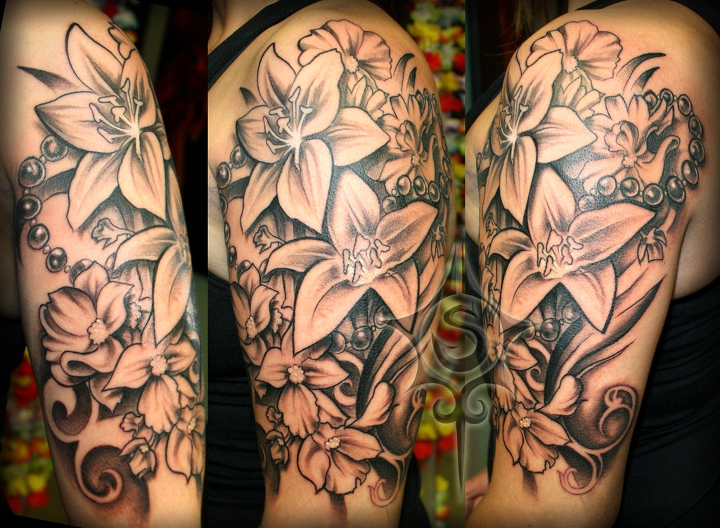 Nice Grey Flowers Sleeve Tattoo by Illogan