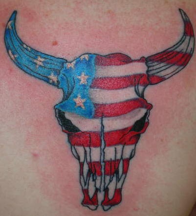 Patriotic USA Flag Bull Skull Tattoo Design