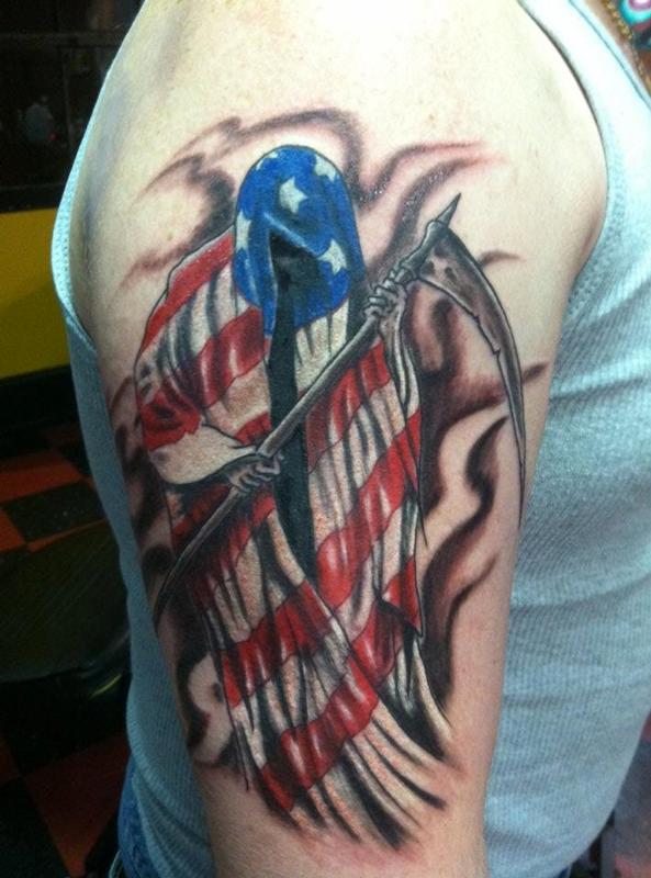 Patriotic USA Flag Grim Reaper Tattoo On Man Right Half Sleeve