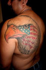 Patriotic USA Flag In Eagle Head Tattoo On Man Left Back Shoulder