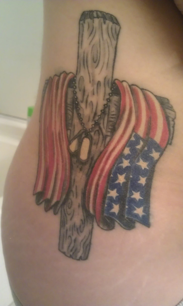 Patriotic USA Flag On Wooden Cross Tattoo Design