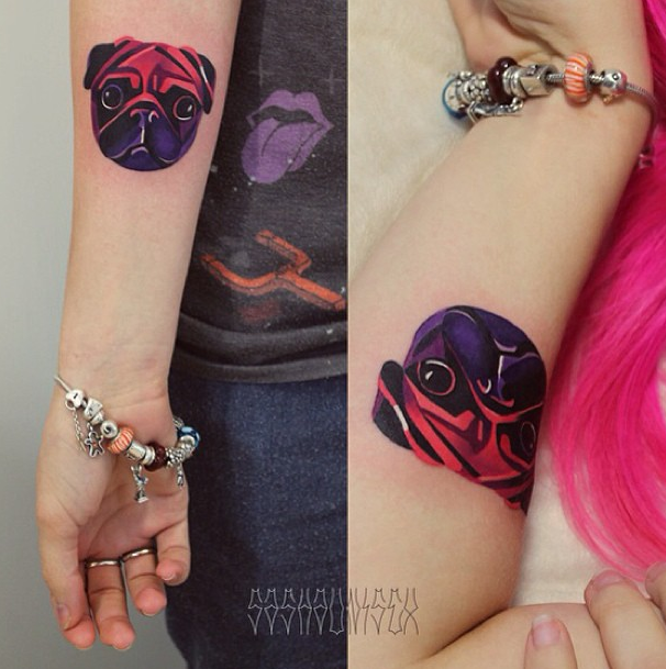 Pink And Purple Pug Dog Head Tattoo On Forearm