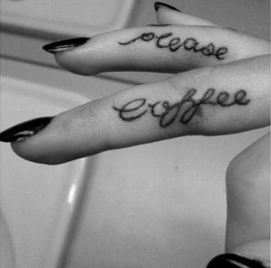 Please Coffee Lettering Tattoo On Girl Finger