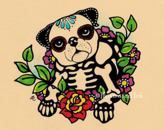 Pug Dog Skeleton With Flowers Tattoo Design
