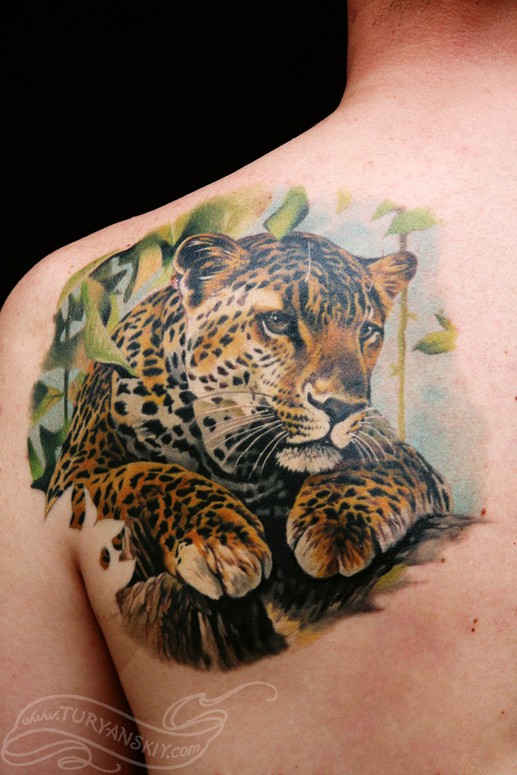 Realistic Sitting Leopard Tattoo on Shoulder