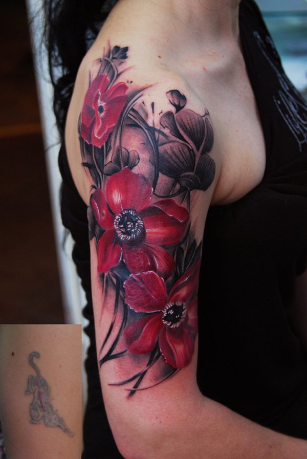 Red Flowers Sleeve Tattoo For Young Girls