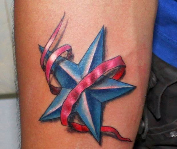 Red Ribbon And Blue Nautical 3D Star Tattoo On Bicep