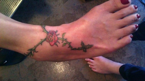 Red Rose With Thorns Rosary Cross Tattoo On Foot