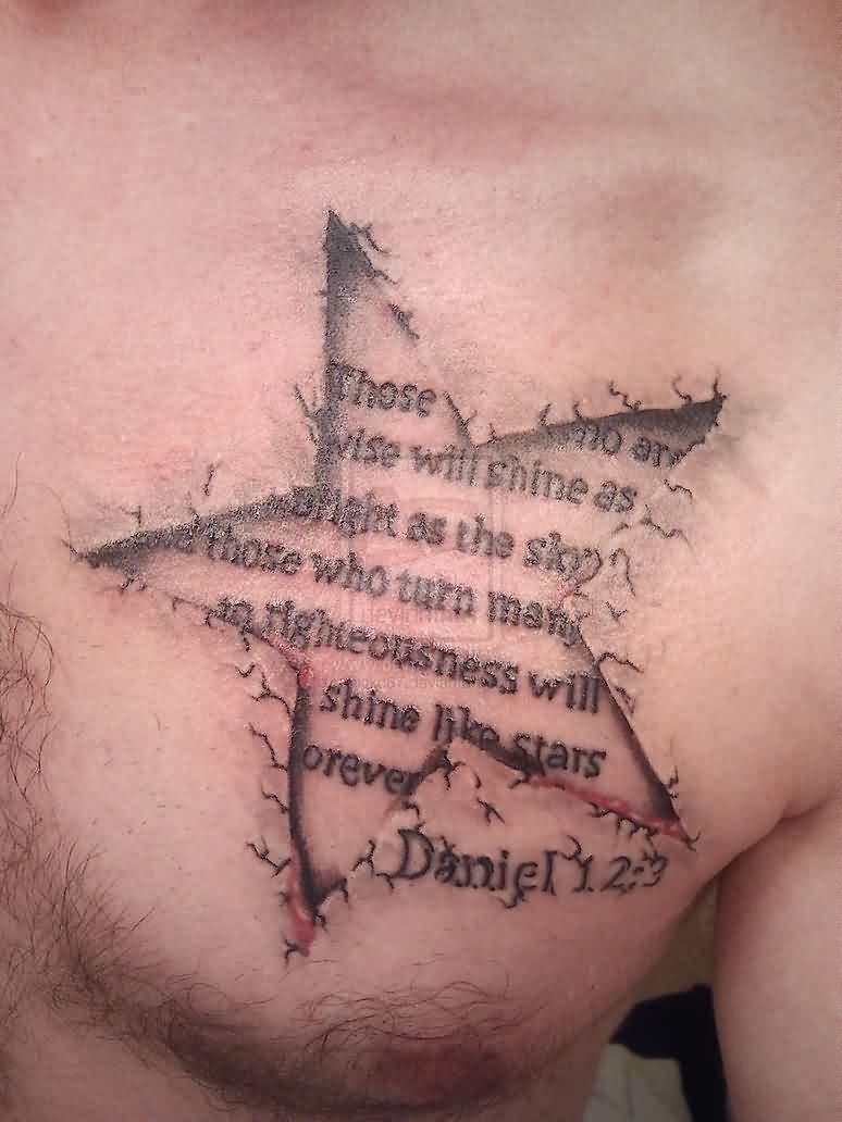 Ripped Skin 3D Star Tattoo On Chest For Men