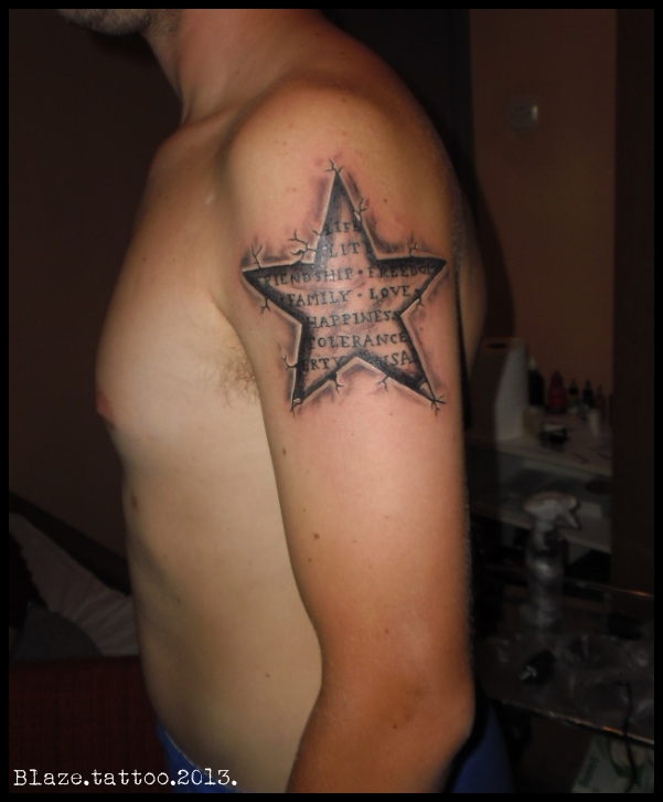 Ripped Skin Star Tattoo On Man Left Shoulder