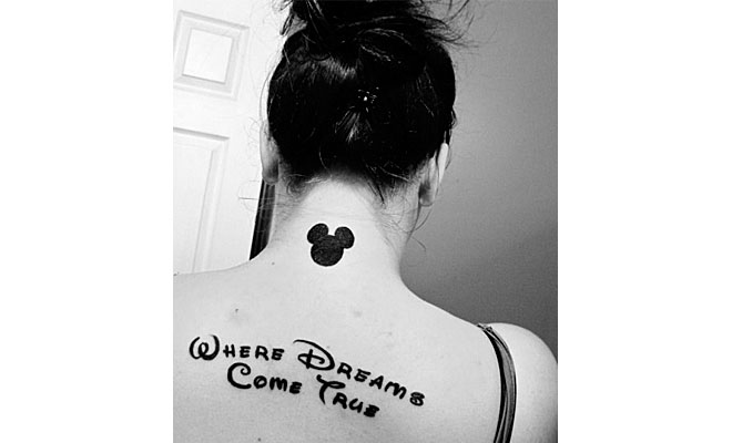 Silhouette Disney Mickey Mouse Head Tattoo On Girl Back Neck