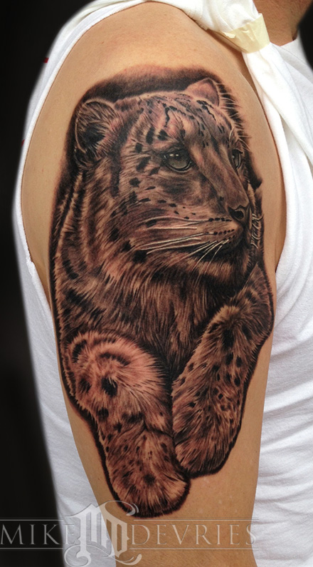 Snow Leopard Tattoo On Man Right Half Sleeve by Mike Devries