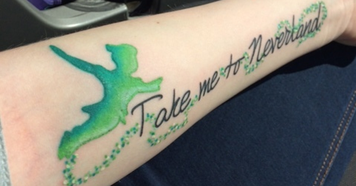 Take Me To Neverland - Green Ink Disney Peter Pan Tattoo On Forearm