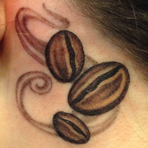 Three Coffee Beans Tattoo On Behind The Ear