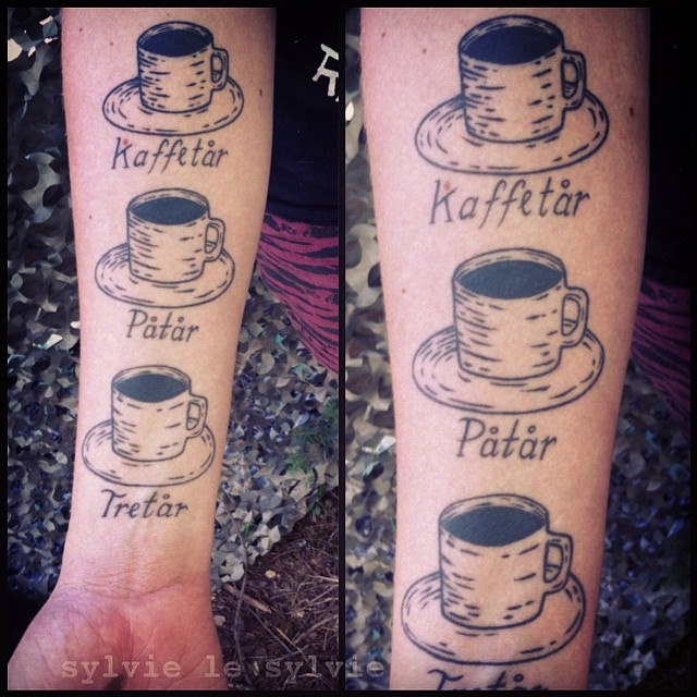 Three Coffee Cup Tattoo On Forearm