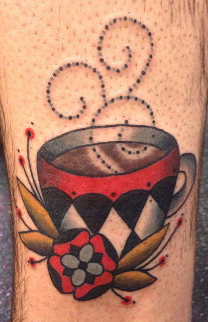 Traditional Coffee Cup With Flower Tattoo Design