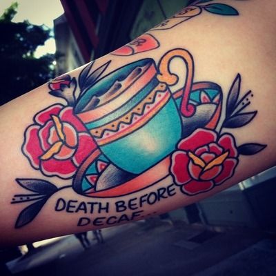 Traditional Coffee Cup With Flowers Tattoo Design For Arm