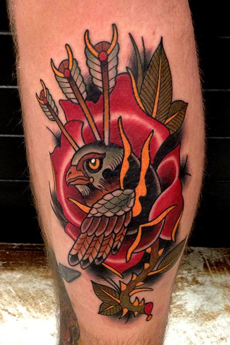 Traditional Falcon And Arrow In Rose Tattoo Design