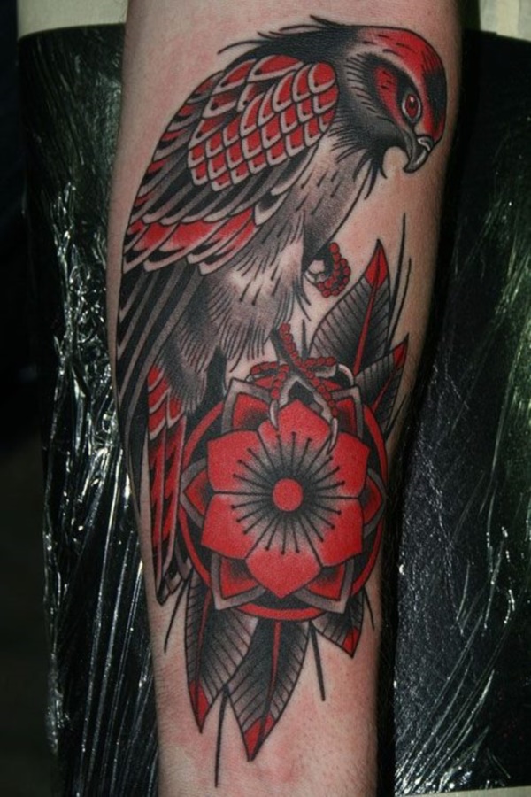 Traditional Falcon With Flower Tattoo Design For Arm By Stefan Johnsson
