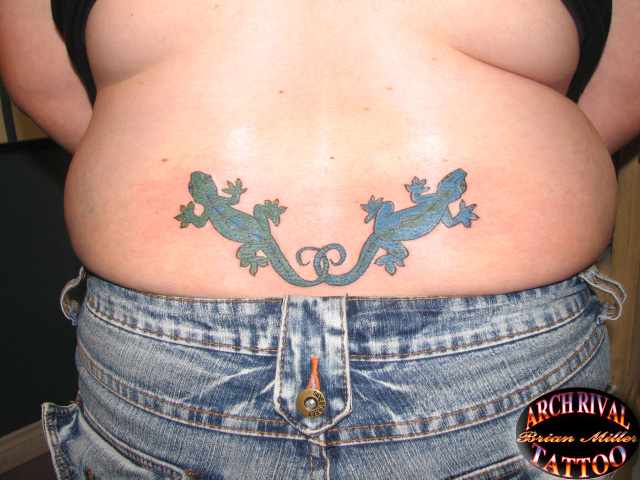 Two Gecko Tattoo On Lower Back By Brian Miller