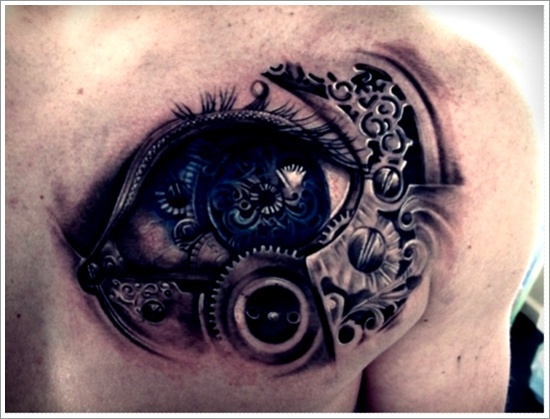 Unique 3D Eyeball Tattoo On Right Back Shoulder