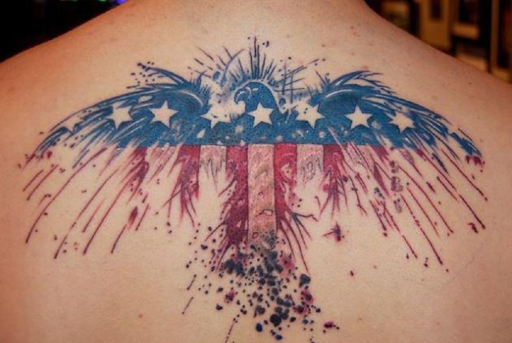 Unique Patriotic USA Flag Eagle Tattoo On Man Upper Back By Marvin Silva