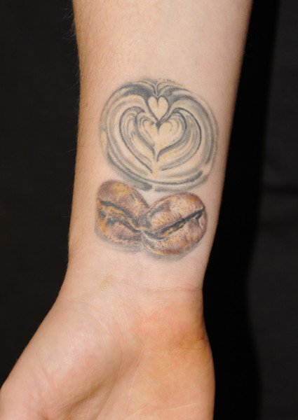 Unique Two Coffee Beans With Heart Tattoo On Wrist