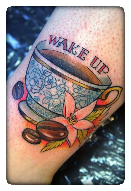 Wake Up - Awesome Coffee Cup With Flower Tattoo Design