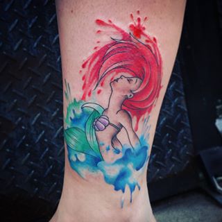 Watercolor Disney Ariel Tattoo On Leg
