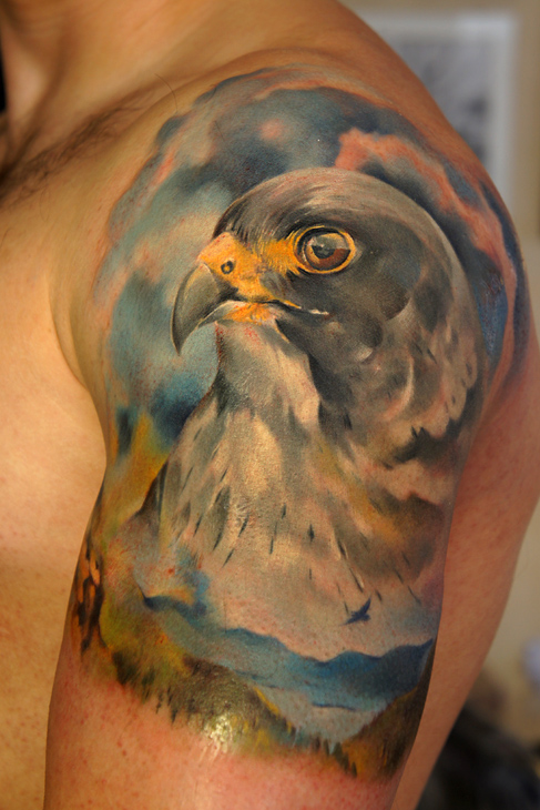 Watercolor Falcon Head Tattoo On Left Shoulder