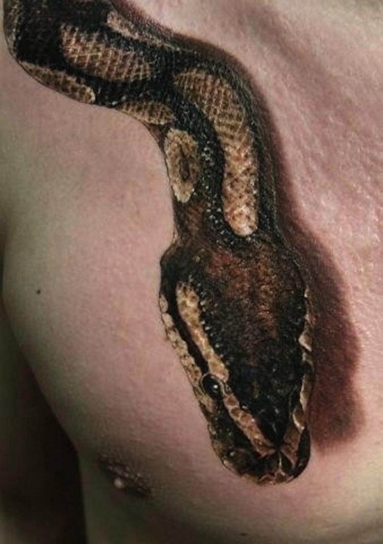 Amazing 3D Rattlesnake Tattoo On Man Chest