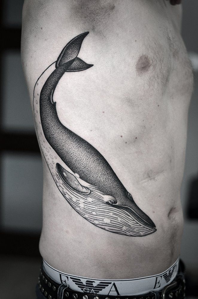 Amazing Black And Grey Whale Tattoo On Man Side Rib By Kamil Czapiga