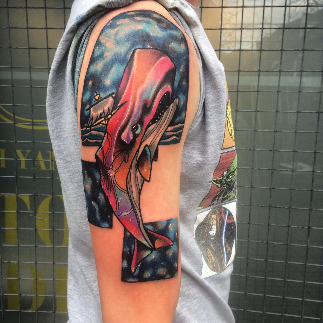 Amazing Colorful Whale Tattoo On Right Half Sleeve