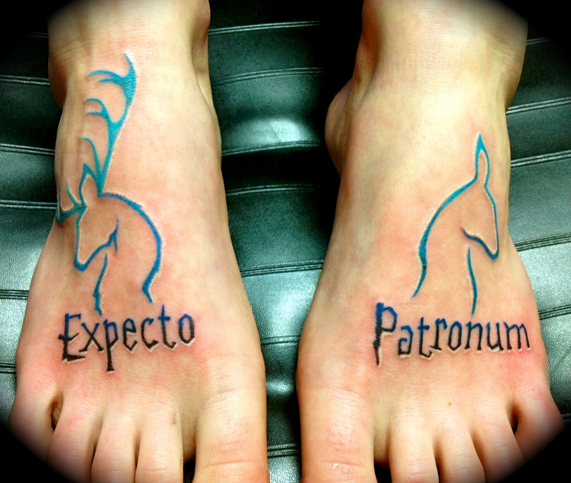 Amazing Harry Potter Expecto Patronum Tattoo On Feet