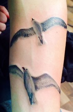 Amazing Two Flying Seagull Tattoo On Forearm