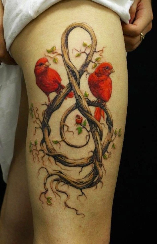 Amazing Vine Treble Clef With Two Birds Tattoo On Girl Thigh