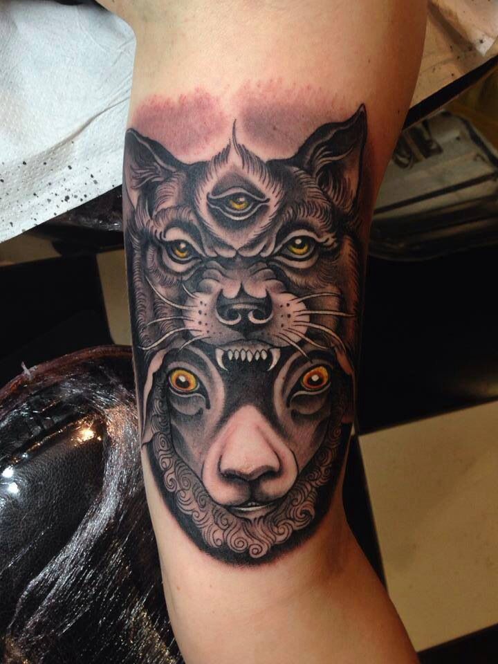 Amazing Wolf Head Sheep Tattoo On Bicep