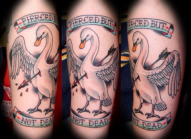 Arrow Ripped In Swan Chest With Banner Tattoo Design