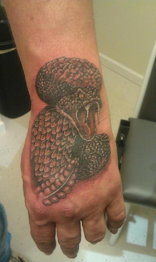 Awesome Rattlesnake Tattoo On Hand By Joey Ellison